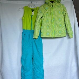 L.L. Bean Kids Fleece-Upper Snowpants & Jacket Lime/Blue Sz 12 Removable Hoodie